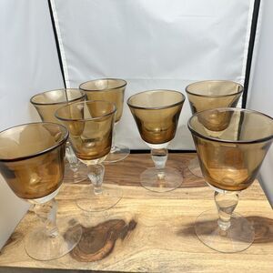(7) Artland Iris Amber Water Goblets Clear Stemware Drink Glasses 8 Oz